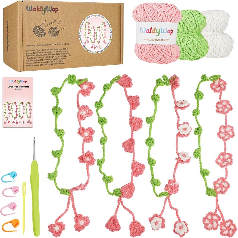WaldyWop Crochet Kit for Beginners: 4 Flower Bracelets Knitting Kits for Adults Women w/Easy Yarn & Step-by-Step Video Tutorials - Wobbles Crochet Starter Kit for Teens, Birthday Gift for Mom - Image 1